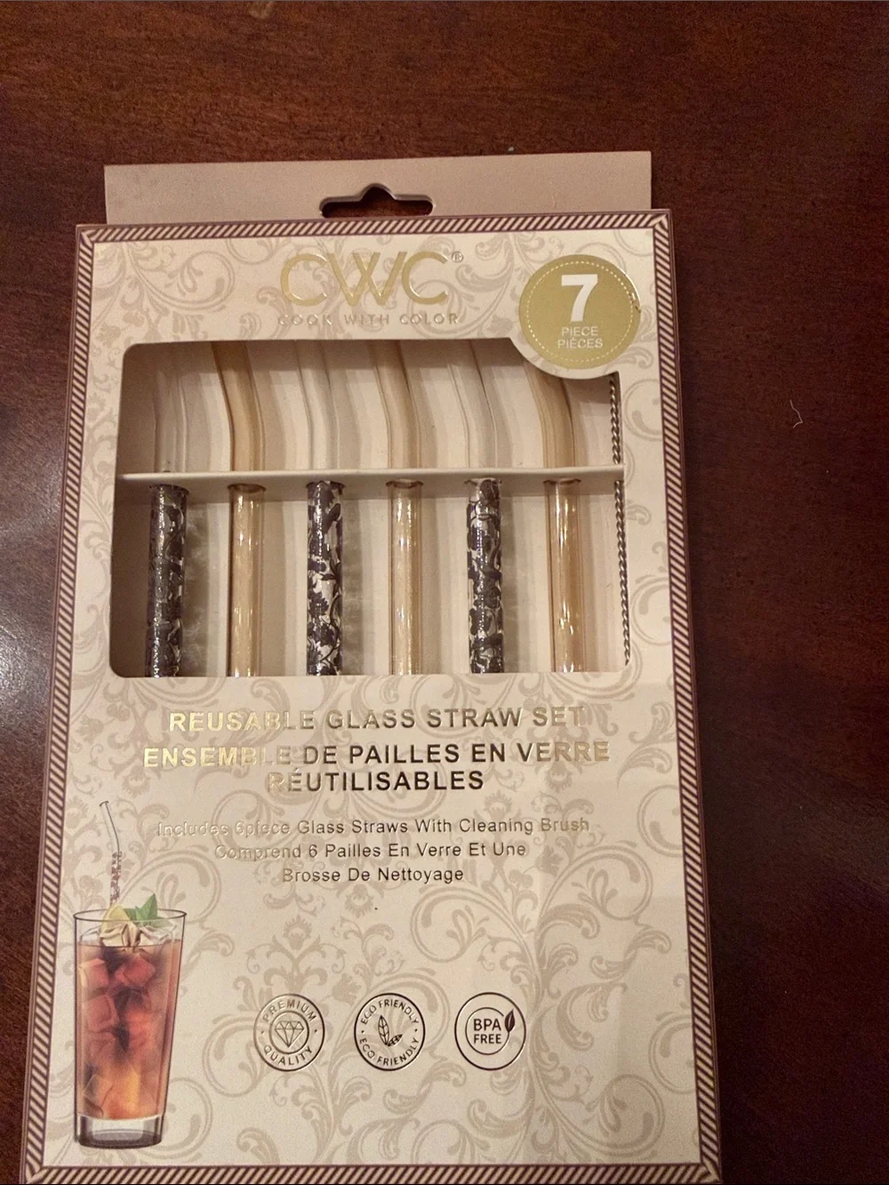 Reusable Glass Straw Set in Gold and Clear with straw cleaner brush - 7 Piece
